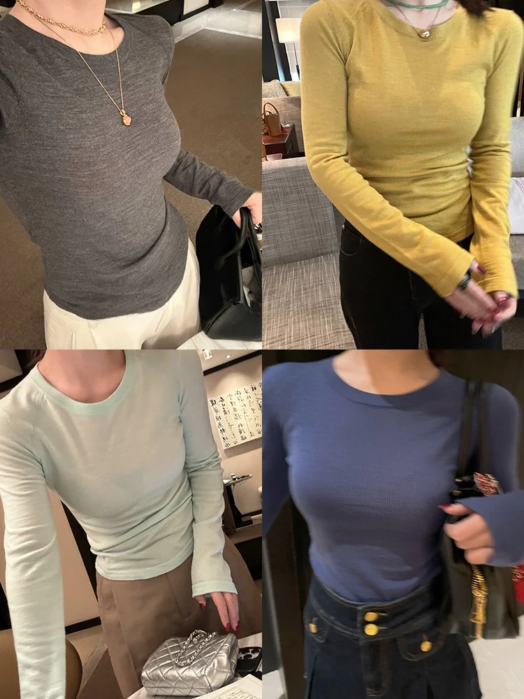 

WXLSTUDIO Biella Yangzhi Wool 20S Ultrine Long Sve Knitted Base irt Women's Slim Fit Top round Ne Pure Color Commut...