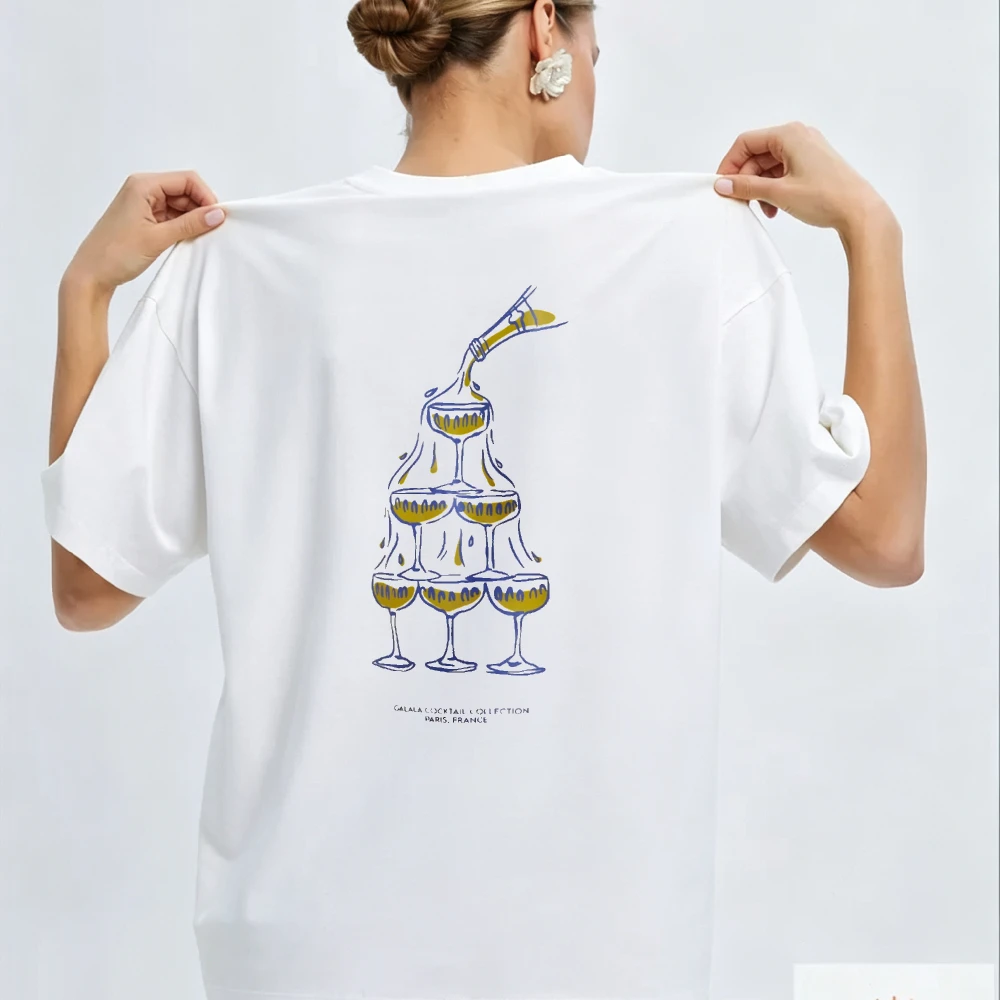 Crew Neck Short Sleeve Ring Print T Shirt for Men Women Beach Club Martini Glass Cocktail Pyramid Design High Quality Cotton Top