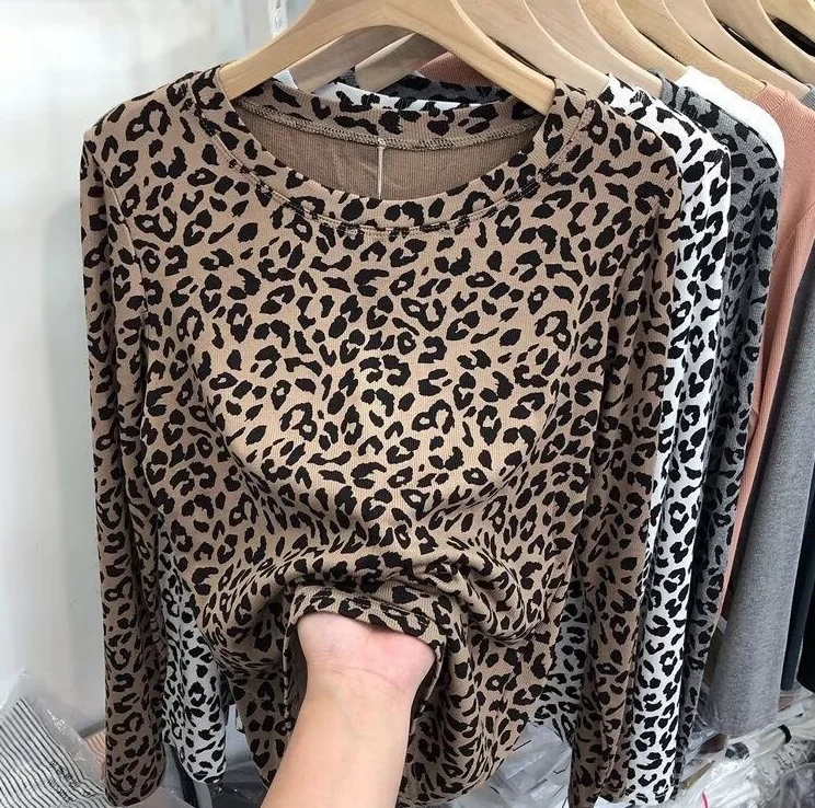Women Leopard Print Long Sleeve T‑Shirt Autumn O‑Neck Ribbed Knit Tops Casual Slim Fit Basic Tee Female Daily Wear