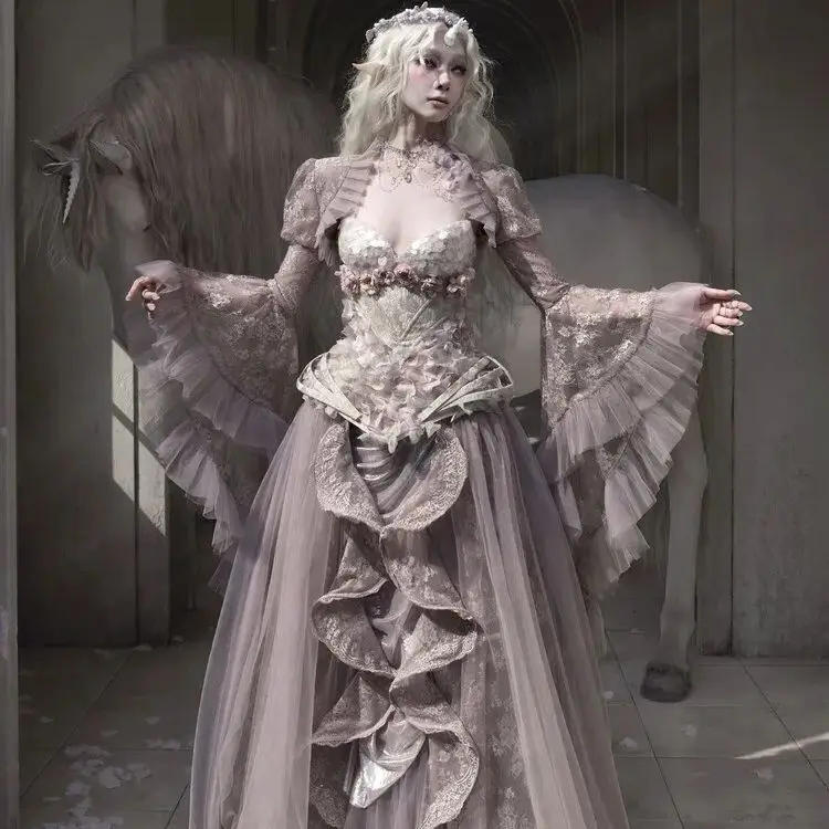 Blood Supply Original Design Pink Fairy Genie Mesh Patch Lacy Ruffles Ball Gown Skirt Spring Luxury X-long Skirts Party Sweep