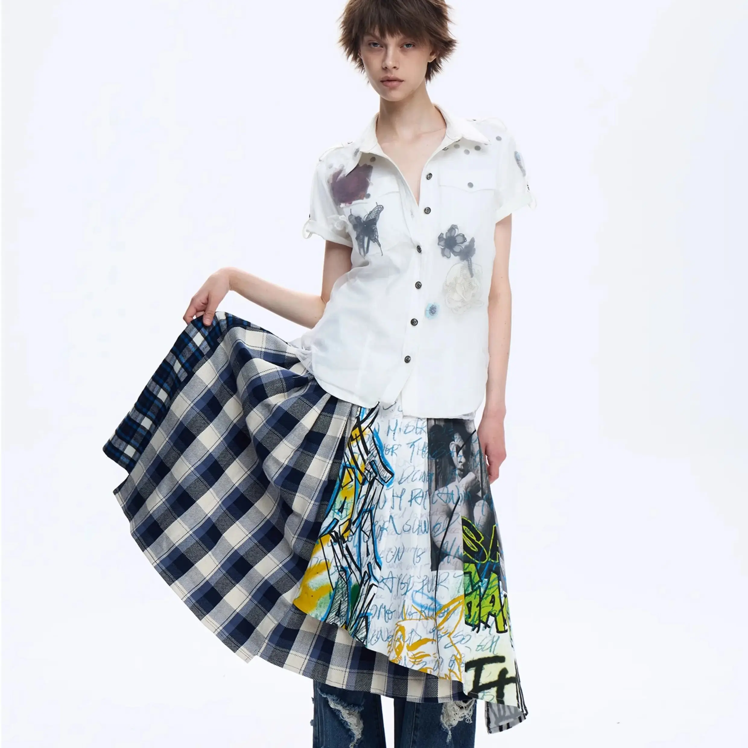 موضة جديدة غير النظامية اللوحة تنورة طويلة المرأة المرقعة منقوشة الكتابة على الجدران عادية ألف خط الرجعية التنانير غير رسمية Y2k الشارع الشهير