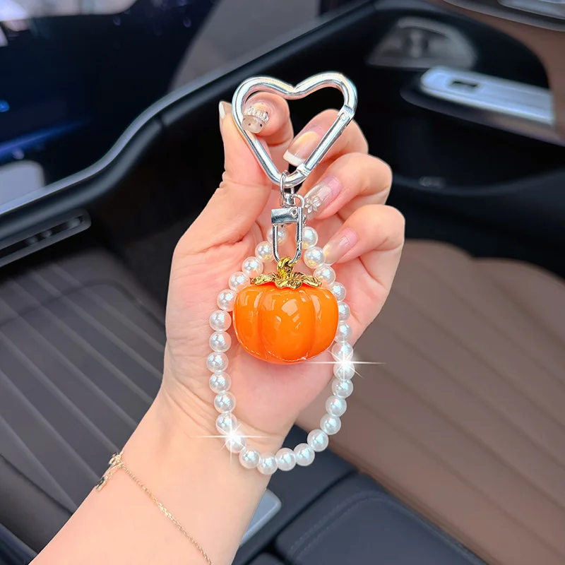 Resin mango lemon pumpkin Fruit Bag Charm Pearl Strand Heart Shaped Carabiner Keychain Cute Sweet Style Fruit Handbag Chain