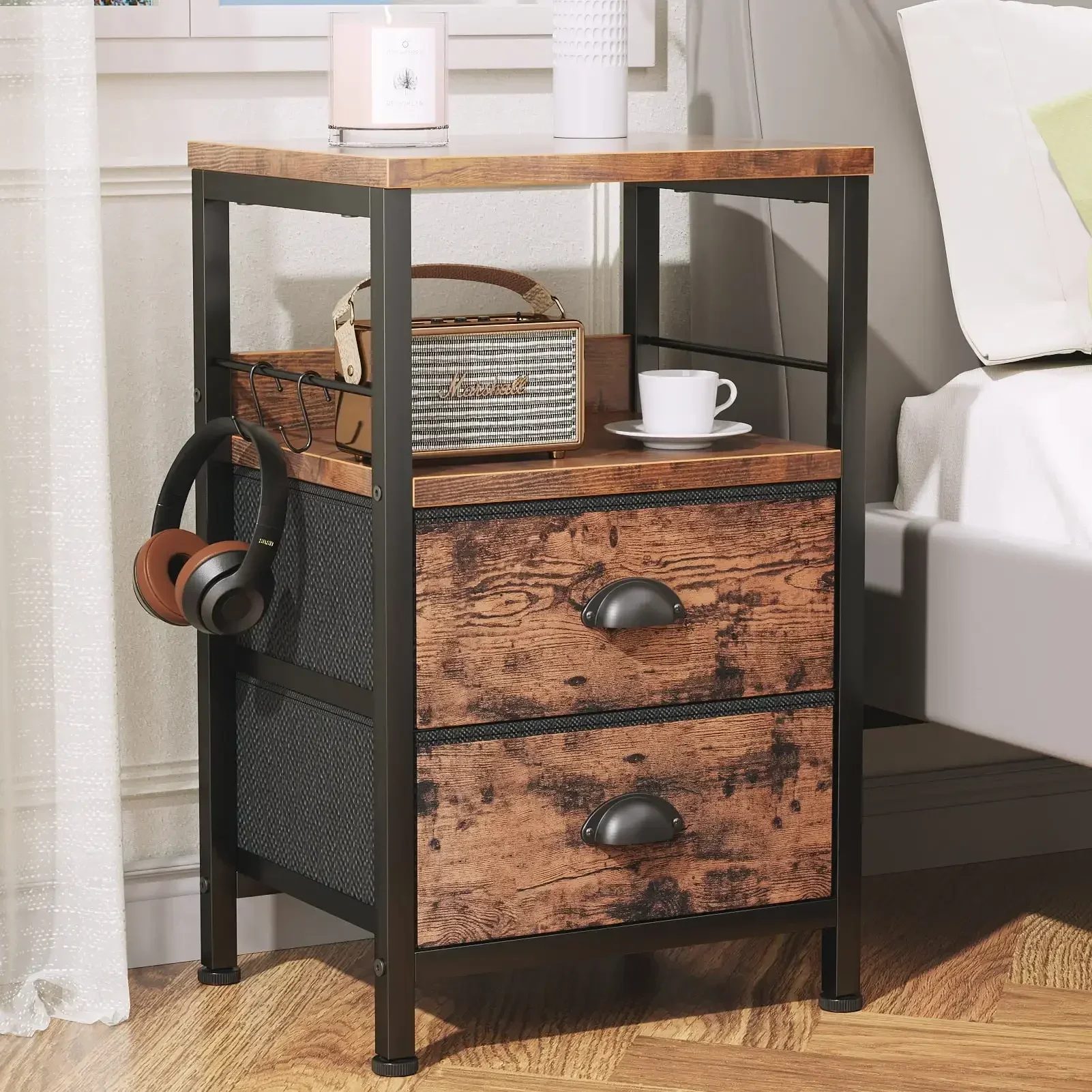 Nightstand for Bedroom with 2 Fabric Drawers, Stable Bedside Table with Storage Shelf, Industrial Side Sofa Table