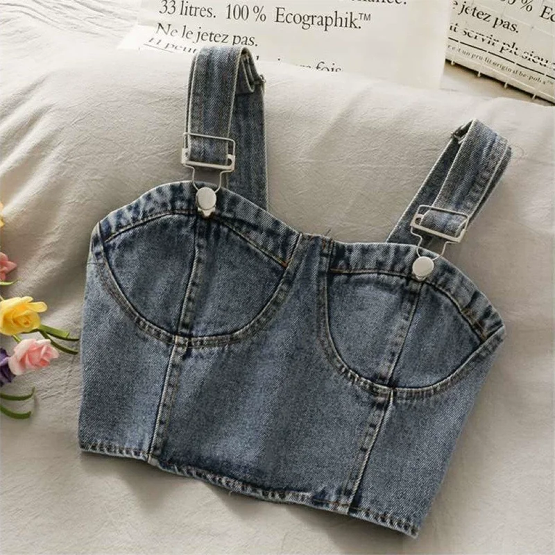 Teen Girls Vintage Washed Denim Bustier Crop Top Adjustable Buckle Suspender Tube Camisole Y2K Summer Sleeveless Jean Vest