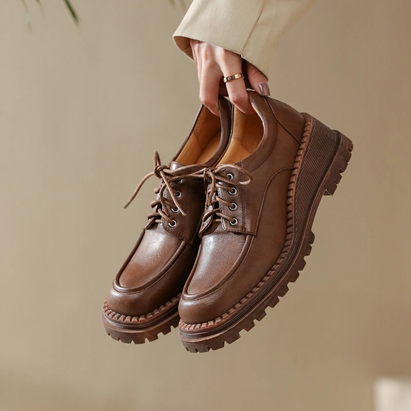 Women's new four season genuine leather cowhide lace up high-heeled wedge heel retro plus size loafers casual single shoes