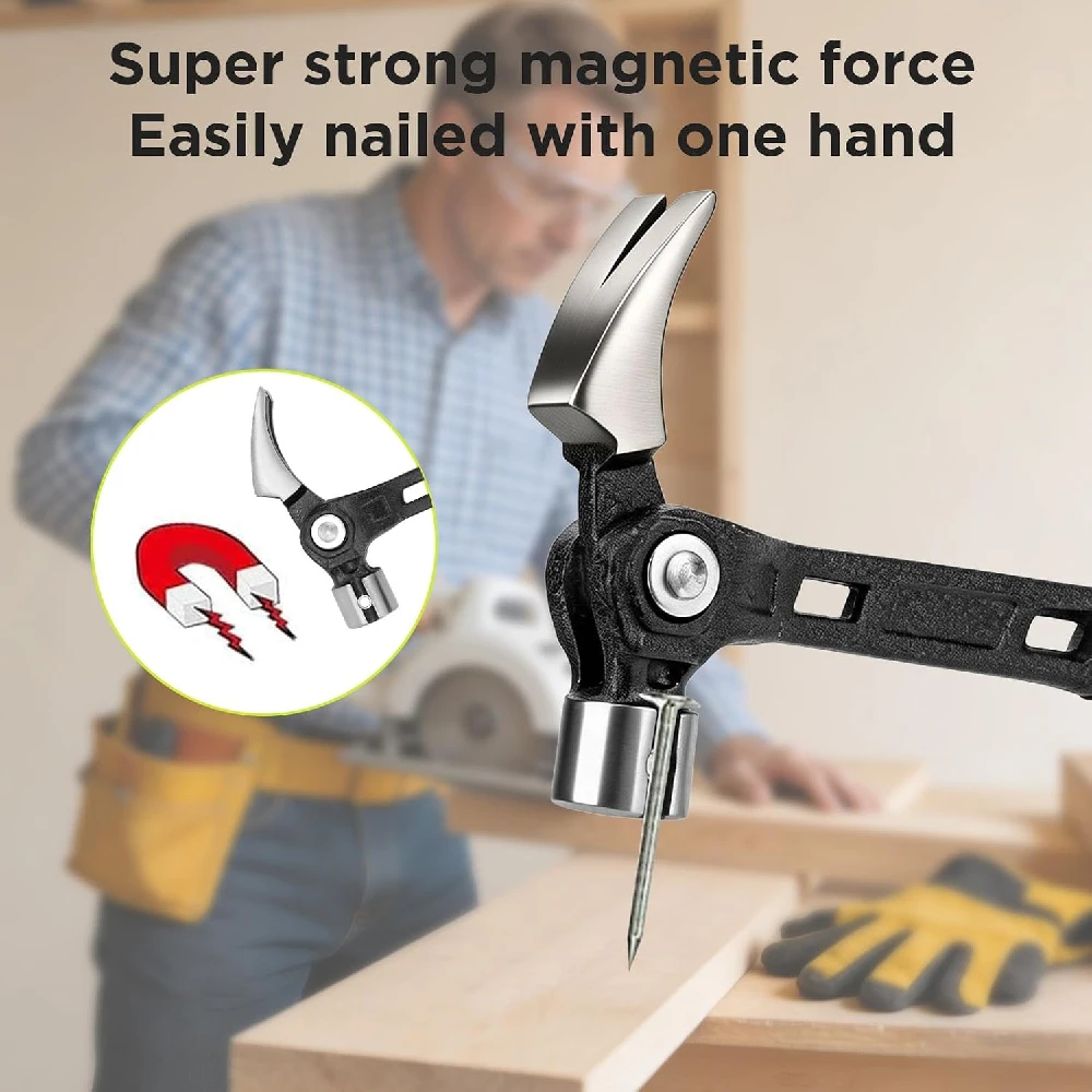 1PCS Adjustable Nail Puller Hammer, Magnetic Nail Starter, Anti-Slip Shock-Absorbing Handle - Claw Hammer for DIYers in Workshop