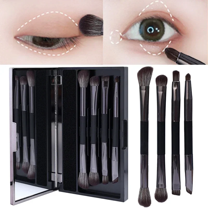 

4pcs Double Head Eyeshadow Brush Suit with Dry Clean Sponge and Mirror Multifunction Concealer Highlight Eyeliner Cosmetic Brush