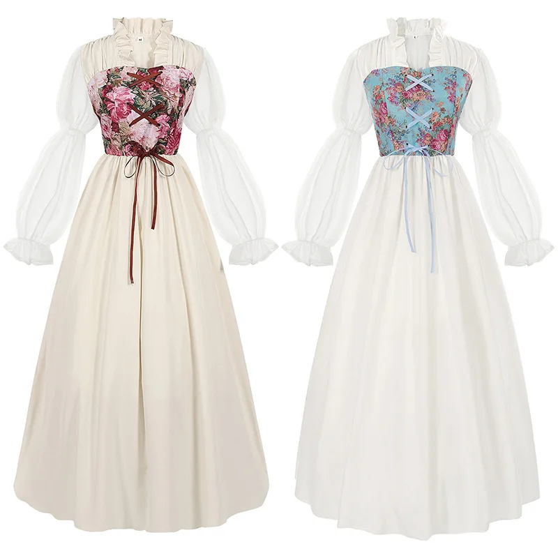 

Adult Female 1920s Cosplay Medieval Vintage Long Sleeved Print Lace Up Dress Waist Carnival Stage Party Outfit