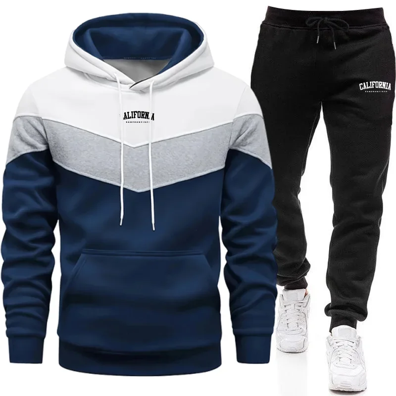 Men's Tracksuit Printing Casual Tricolor Splice Sweatshirt Daily Sports Jogging Clothing Autumn Winter Warm Single Hoodies Pants