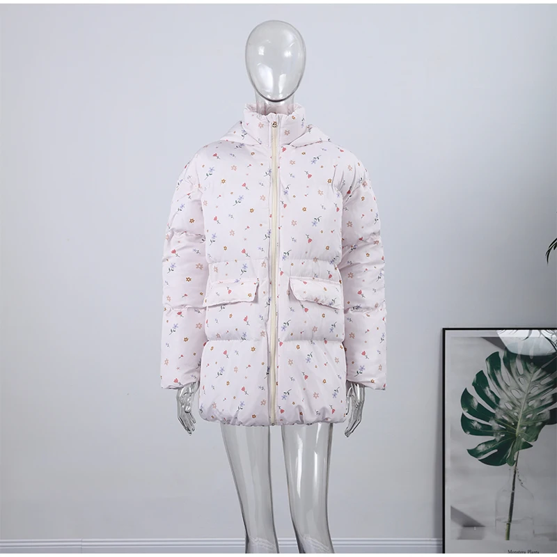 Women's Floral Print Hooded Puffer Jacket with Bow Decor Cute Oversized Winter Warm Coat Loose Casual Feminine Outerwear Fashion