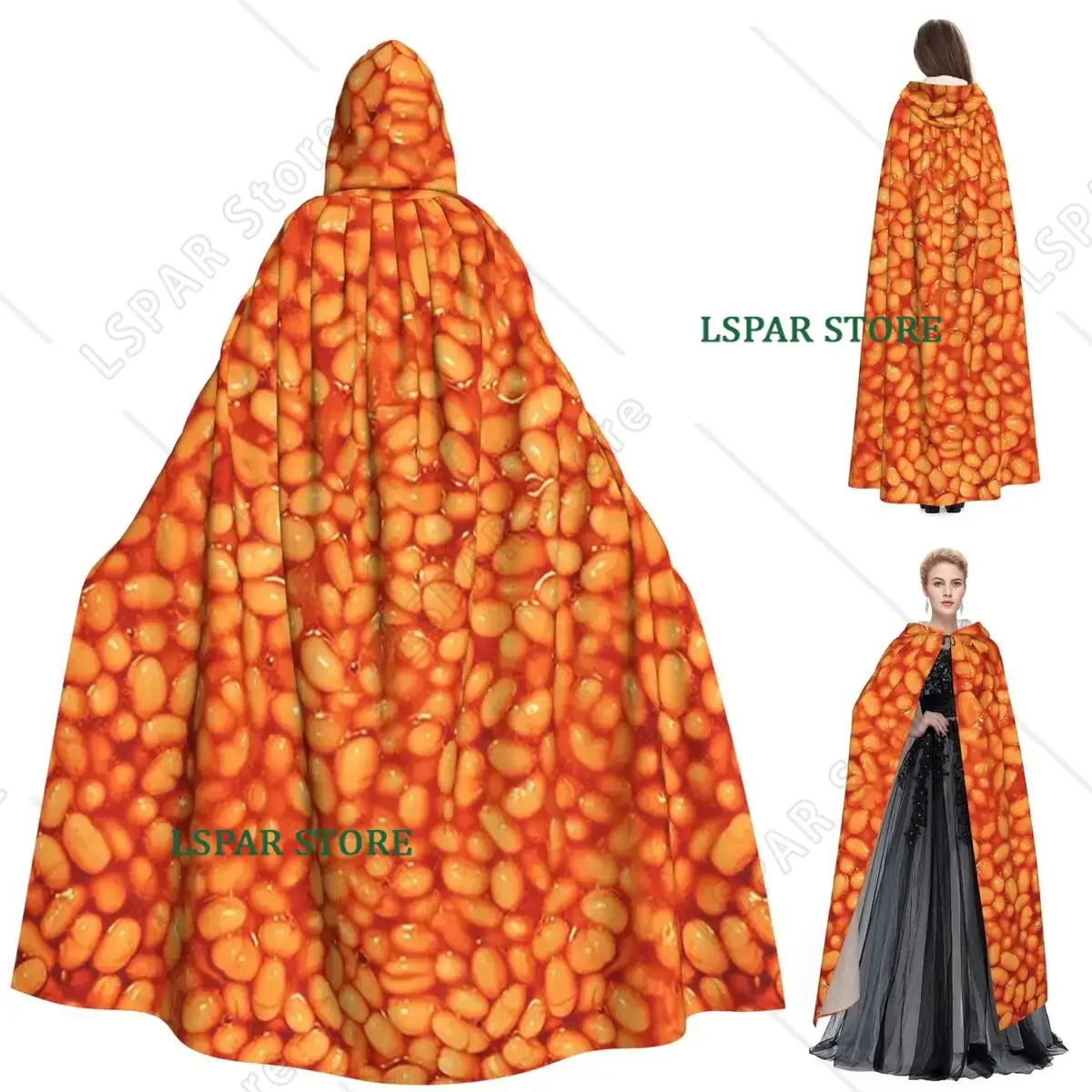 Baked Beans In Things Pattern Long Hooded Cloak Witch Medieval Costume Cosplay Cape HalloweenParty Adult Unisex