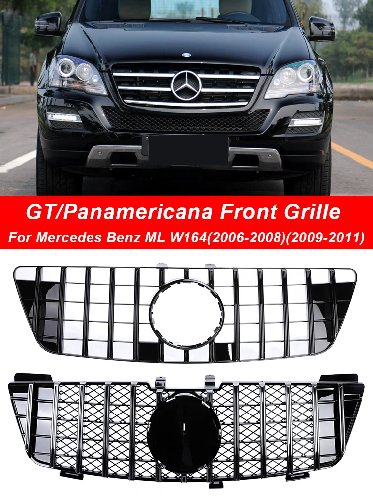 

Black Silver Car Front Bumper Panamericana GT Style Grill For Mercedes Benz ML Class W164 320 350 430 550 Grille 2006-2011