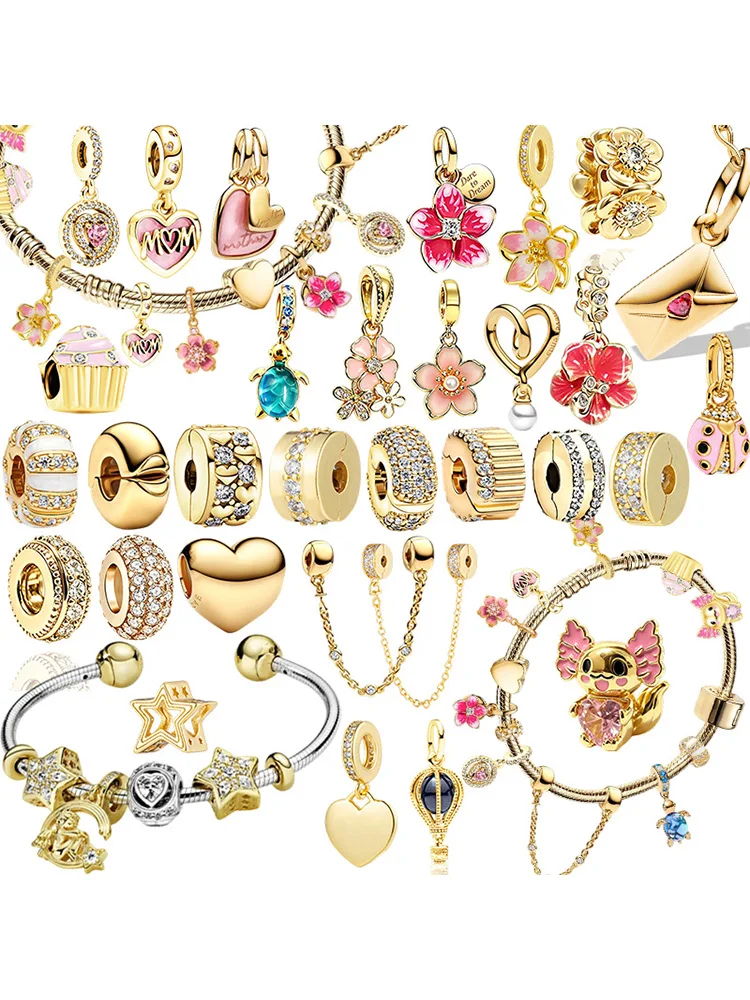 2026 Neuer Funkelnder Vergoldeter Blumen-Herz-Clip-Charm-Anhänger Passend für Original-Armband und -Halskette für DIY-Schmuck Damen-Geschenk