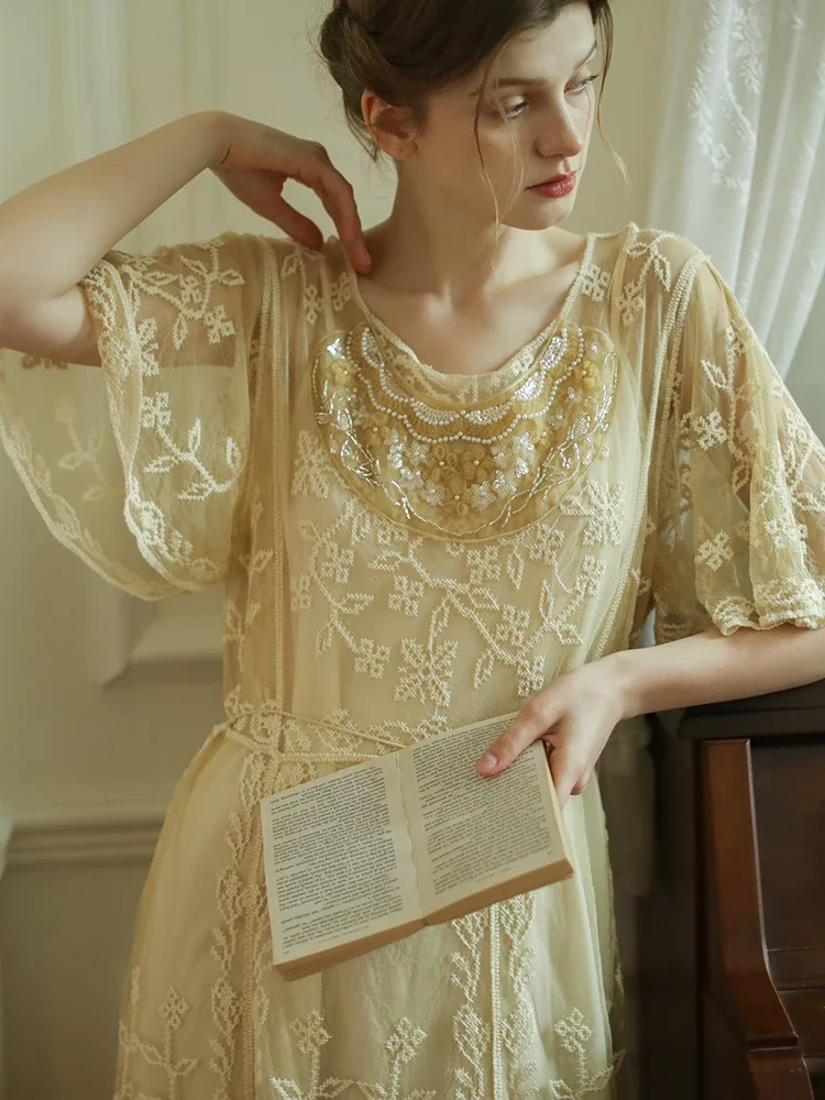

86cm Spring Summer Long Dresses For Women Elegant Slim Exquisite Embroidery Lace Mid Dress Handmade Beading Sequins Mesh Dresses