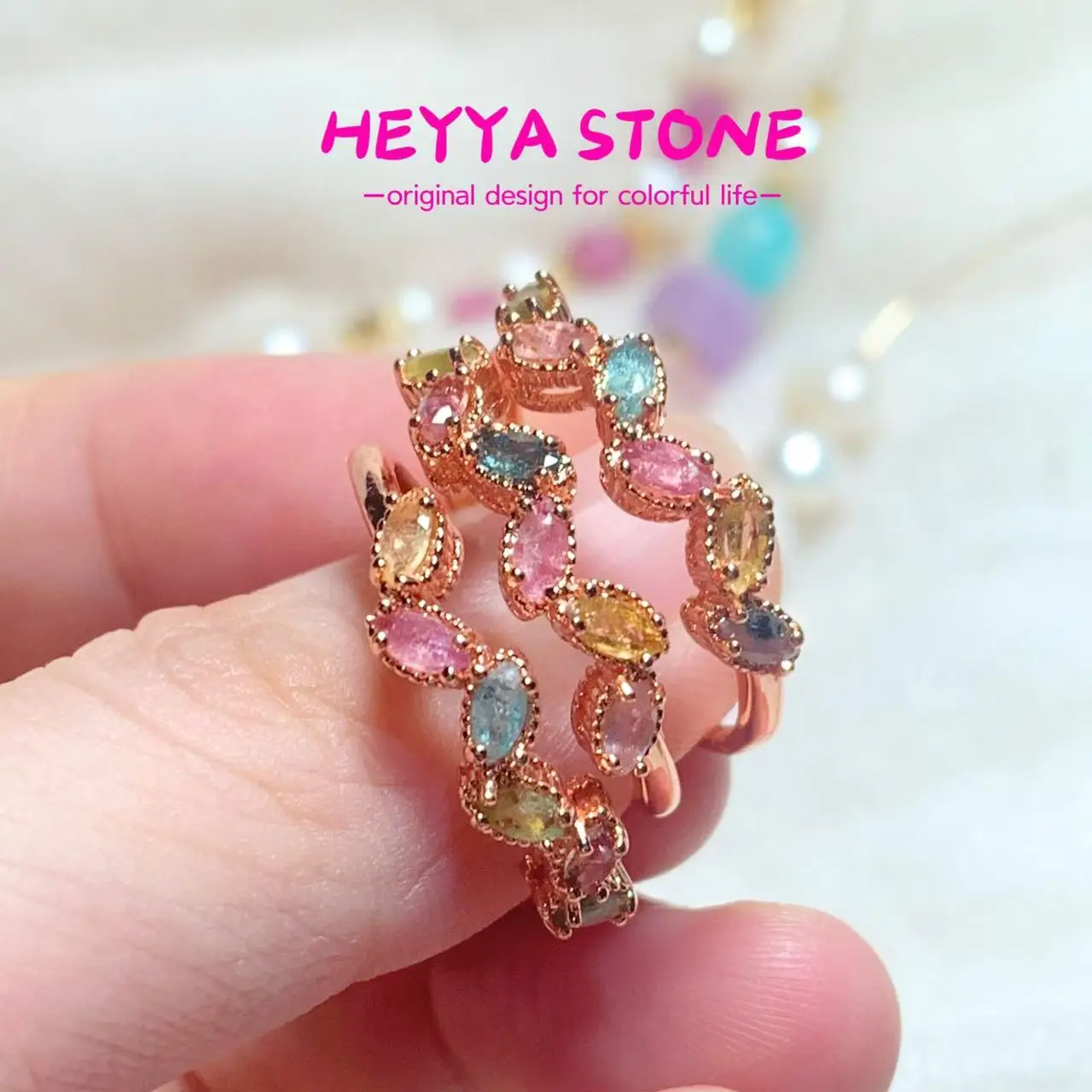 ROSE GOLD Natural Tourmaline Ring For Women Stainless Steel Simple Fine Jewelry Stone Gemstone Classic Style