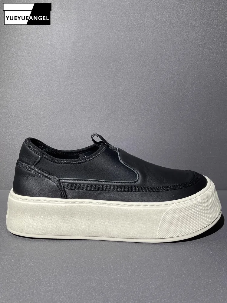 Korean Style Genuine Leather Men Loafers Cow Leather Spliced Low Cut Thick Soled Shoes Autumn Casual Not Above Ankle Footwear