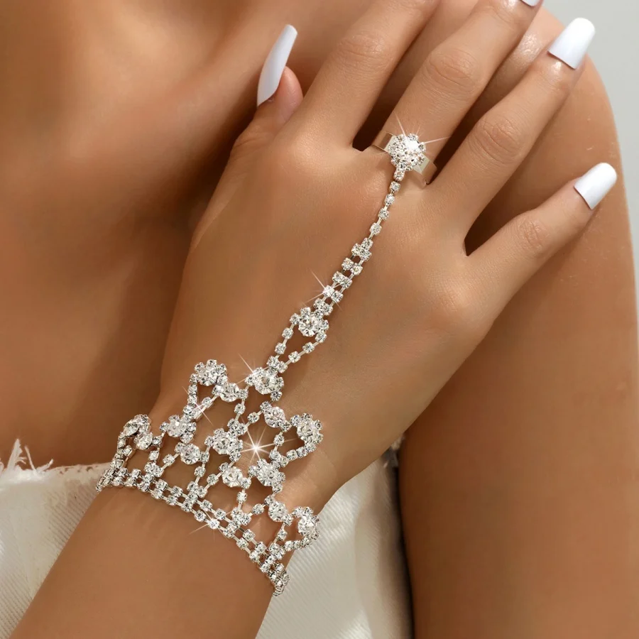 Fashionable rhinestone zircon bracelet ring integrated hand chain