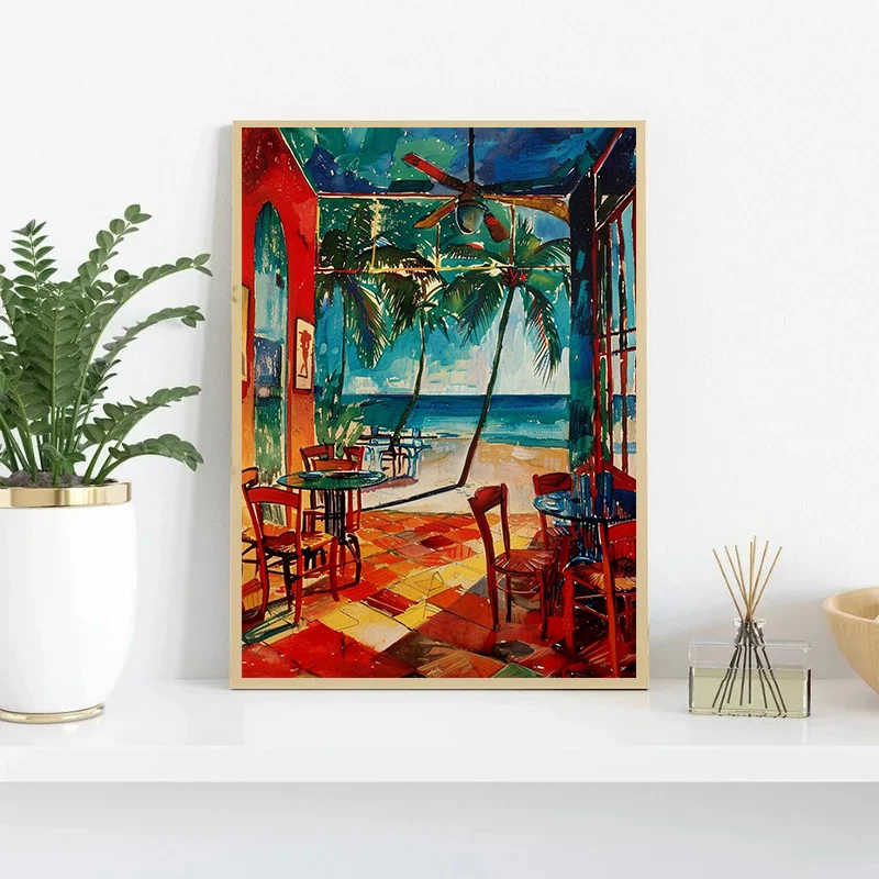 1pc frameless Canvas Painting Caribbean Beach Bar Poster Tropical Seaside Cocktail Bar Print Canvas Painting Wall Art Picture fo