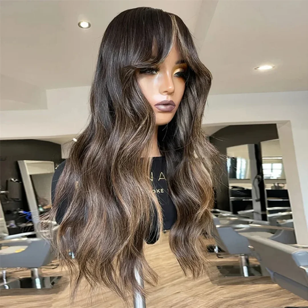 

100% Human Hair Wig 150 Density Highlight Brown Body Wave 14inch 5*5 Lace Front Hair with Baby Hair Pre-Plucked Soft Hair Wig