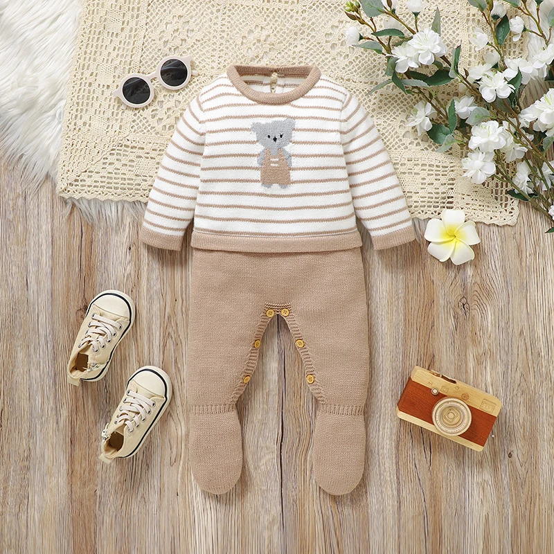 

Комбинезоны для новорожденных, осенние повседневные вязаные комбинезоны с длинными рукавами для маленьких мальчиков и девочек, цельные комбинезоны для малышей, одежда