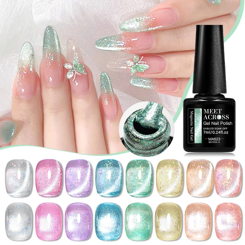 8pcs Jelly Glitter Cat Eye Gel Set For Spring Sparkling Translucent Effect Cat Magnetic Gel Nail Polish Soak Off UV Gel Nail Art