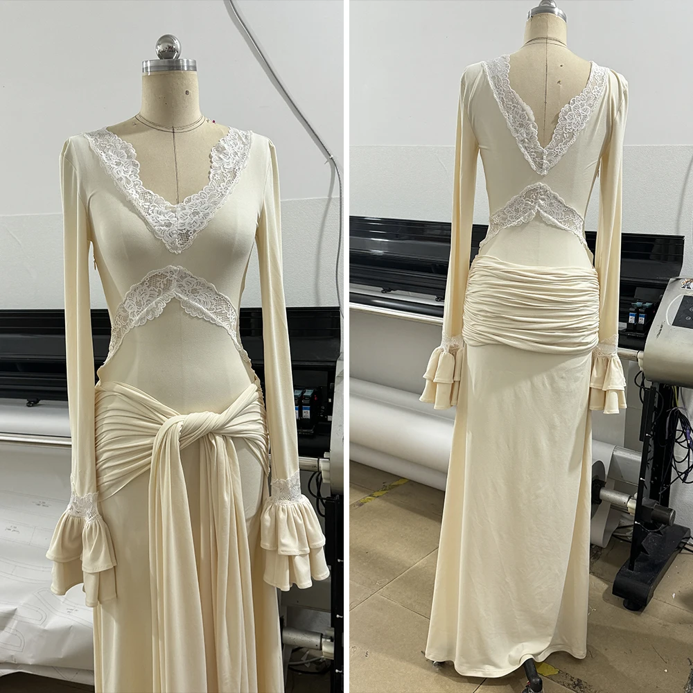 Elegante decote em v manga longa renda emendada smocked em camadas auto tie nó bodycon maxi vestidos cocktail casamento vestido de festa à noite