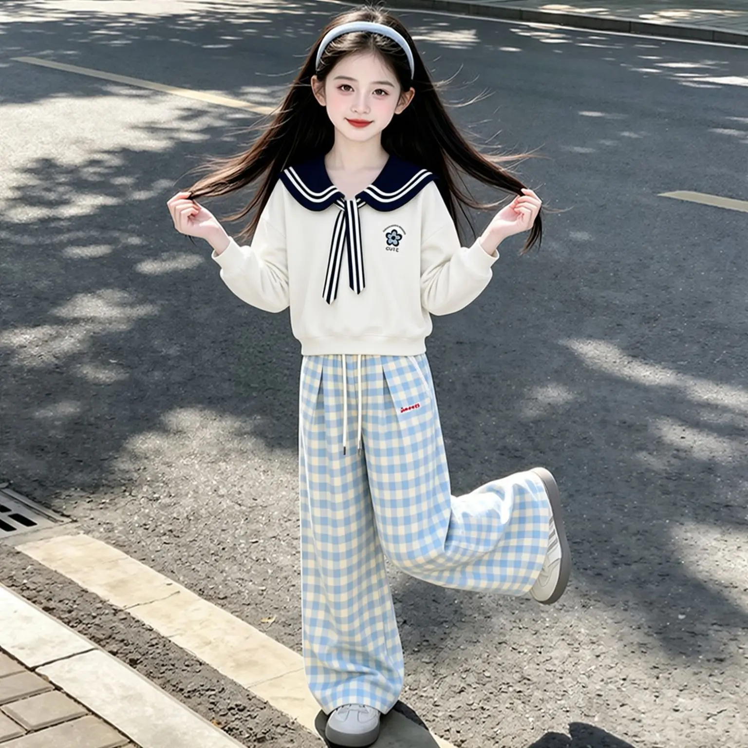 2026 autumn girls Children set long sailor collar Teenager top sweatshirt t-shirt + wide leg plaid pants 4 6 7 8 10 12 14 year
