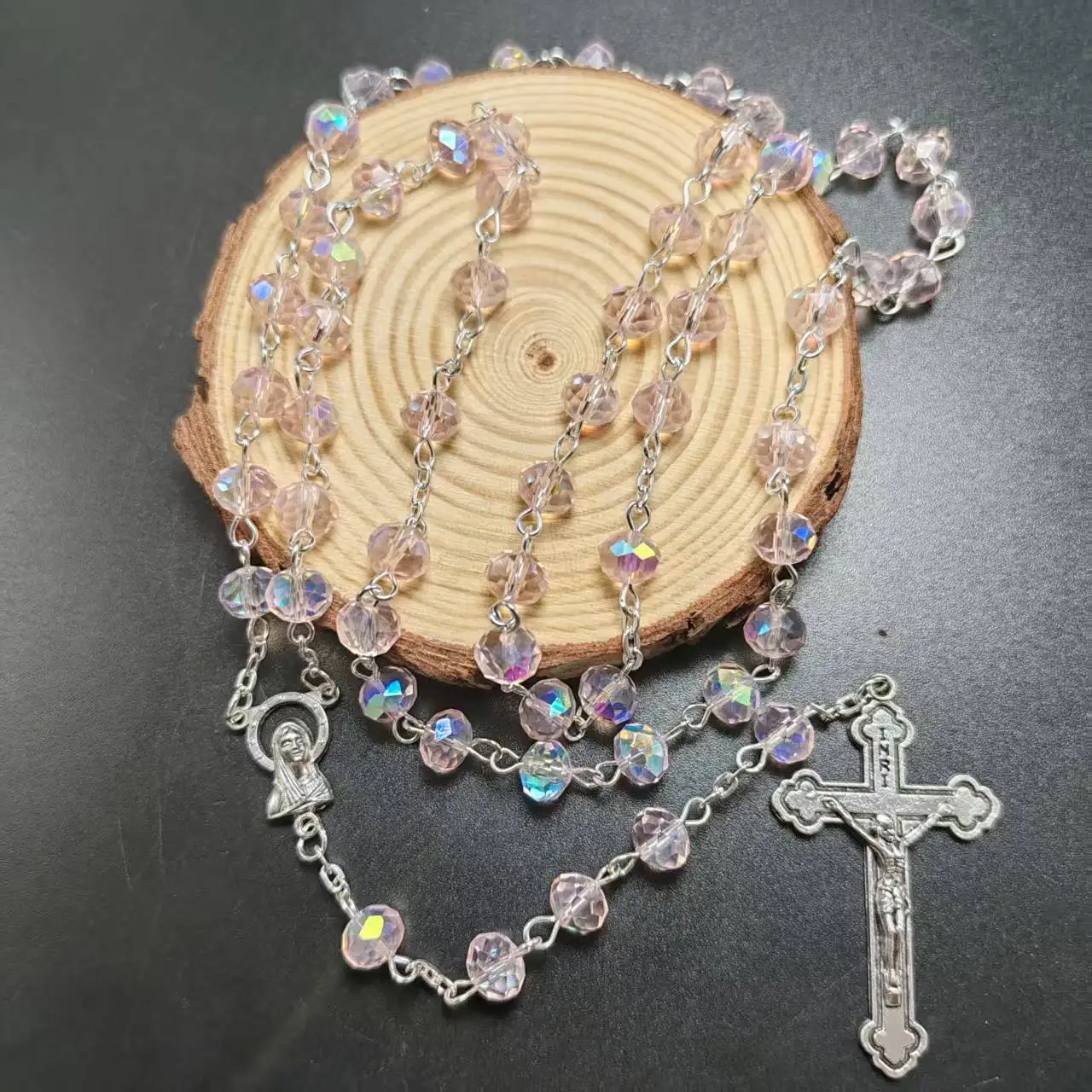 6*8mm AB plating facet crystal rosary necklace religious use Jesus cross rosary with virgin Mary center