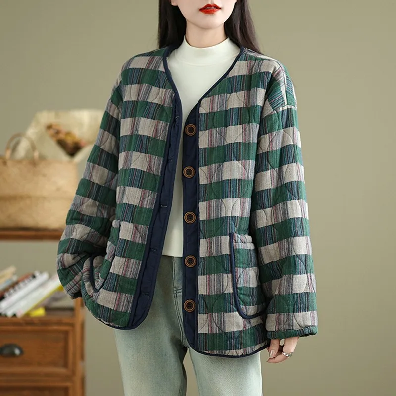 Women Casual Padded Jackets New Arrival 20204 Autumn Winter Vintage Style Plaid Pattern Loose Female Thick Warm Coats B2071