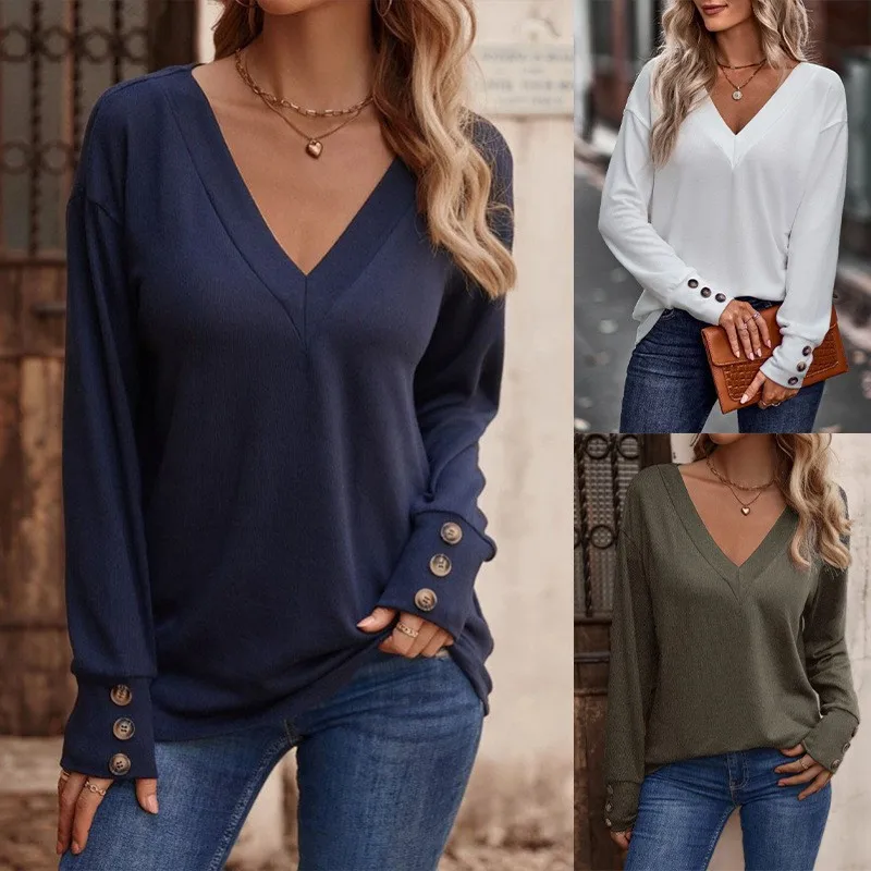 Women's V-Neck Long Sleeve Top Relaxed Fit Button Cuff Detail Casual Pullover Blouse Autumn Spring Basic Shirt