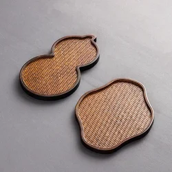 Retro Bamboo Weaving Japanese Rattan Woven Tea Tray Thai Solid Wood Tray Rectangular Household Hotel Tea Cup Home Decoration