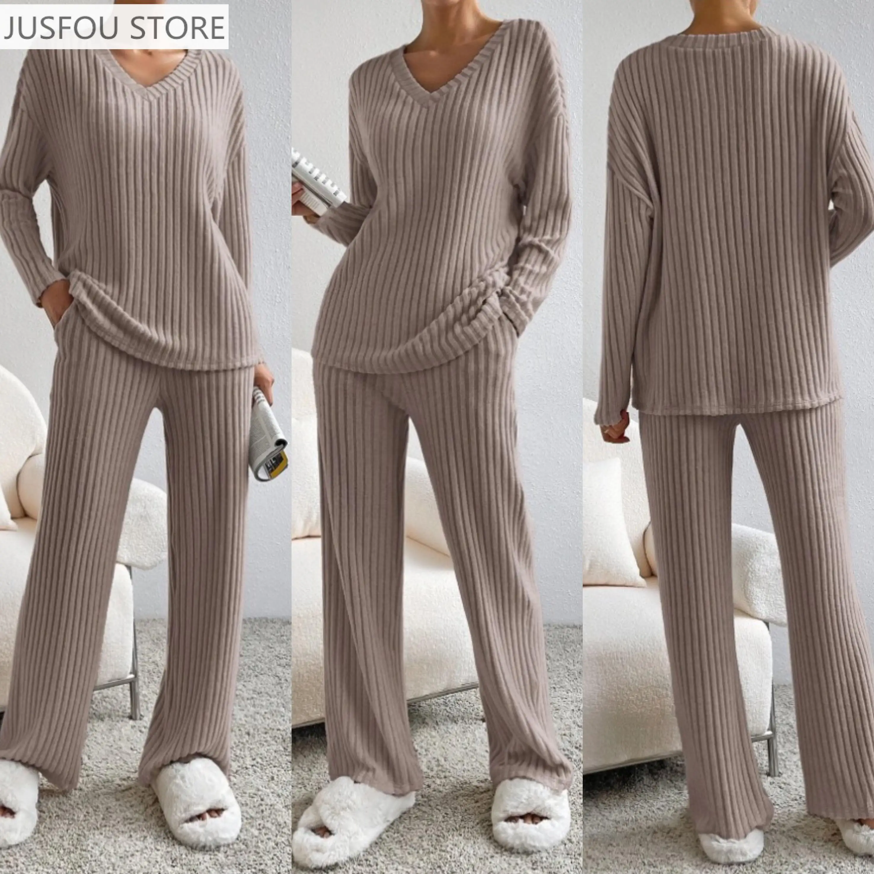 Women's Ribbed Knit Two Piece Set V Neck Long Sleeve Top Wide Leg Pants Casual Spring/Autumn Loungewear Solid Color Outfit