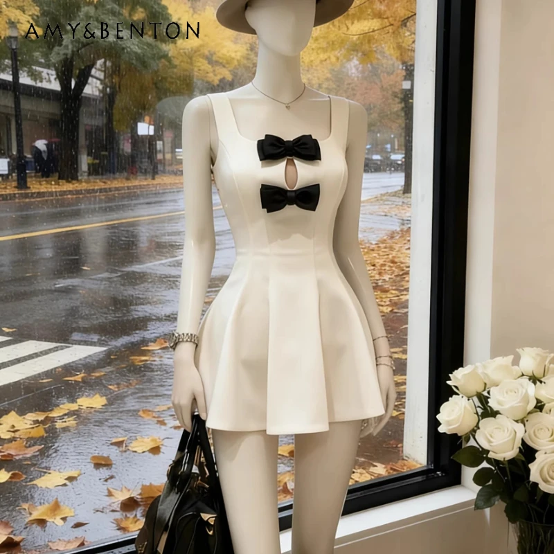

2026 Summer New Cute Bow Sexy Hollow Out Women's Dress French Design Sweet Temperament Waist-cinching Thin Short Dresses Ladies