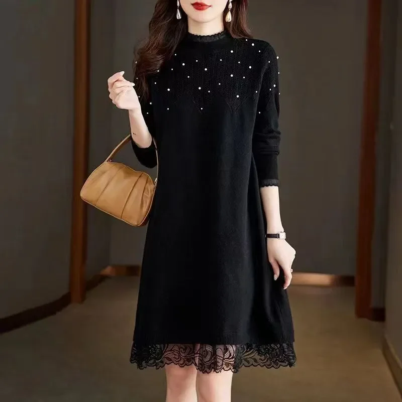 السيدات مزاجه الماس نصف الارتفاع طوق كم طويل ميدي فستان الخريف الشتاء خمر الحياكة س الرقبة فستان أنيق المرأة #3