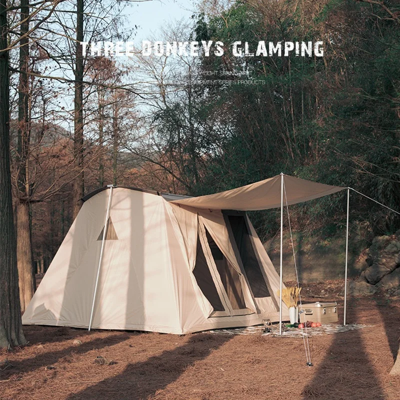 Outdoor Camping Tent, 300x300x200cm Cotton Retro Arched Tent, Waterproof Glamping Cabin Tent