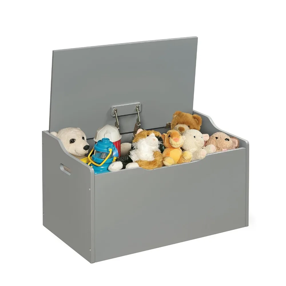 

Bench Top Wooden Toy Storage Chest with Dual Safety Hinges Side Handles and Front Slot
