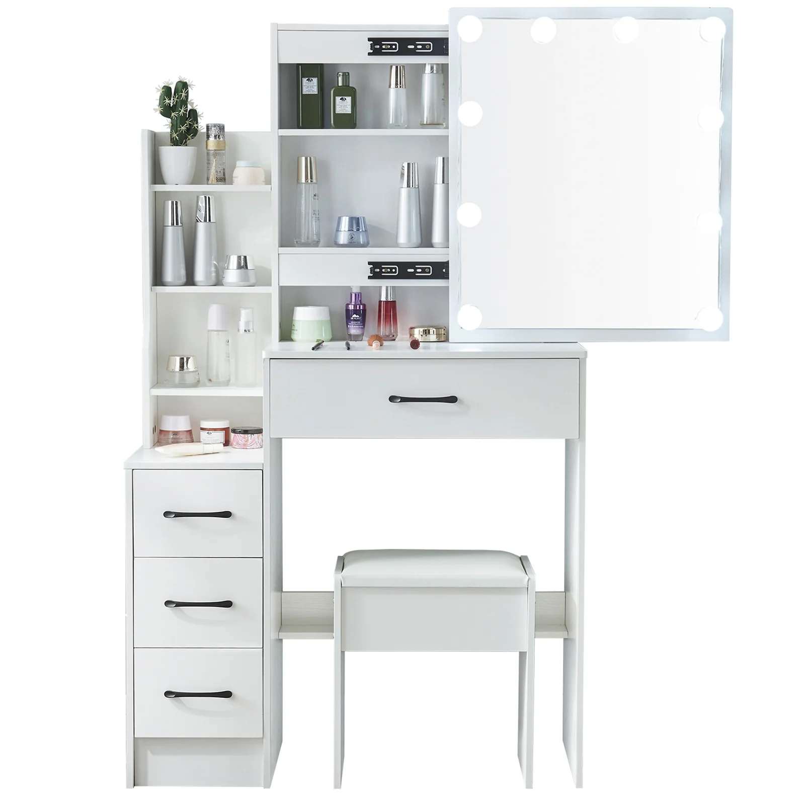 LED Makeup Vanity Desk Set with Mirror & Stool, 10 LED Lights Dressing Table with 4 Drawers, Bedroom Vanity Table for Women