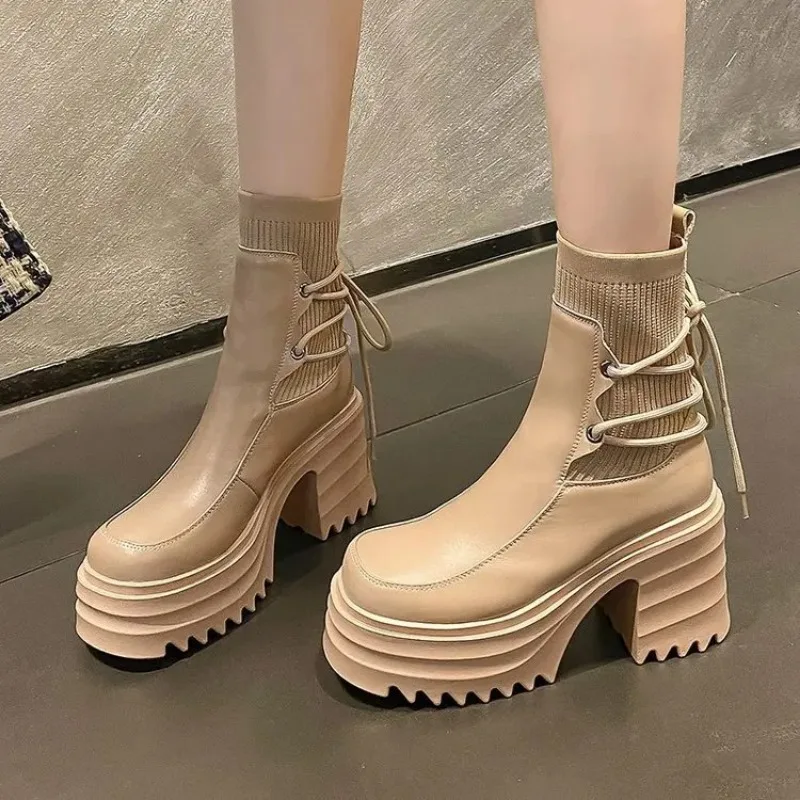 2024 New Women\'s Ankle Boots Fashion Chunky Ultra High Heels Solid Color Shoes Women Knitted Lace-up Short Boots Autumn Winter