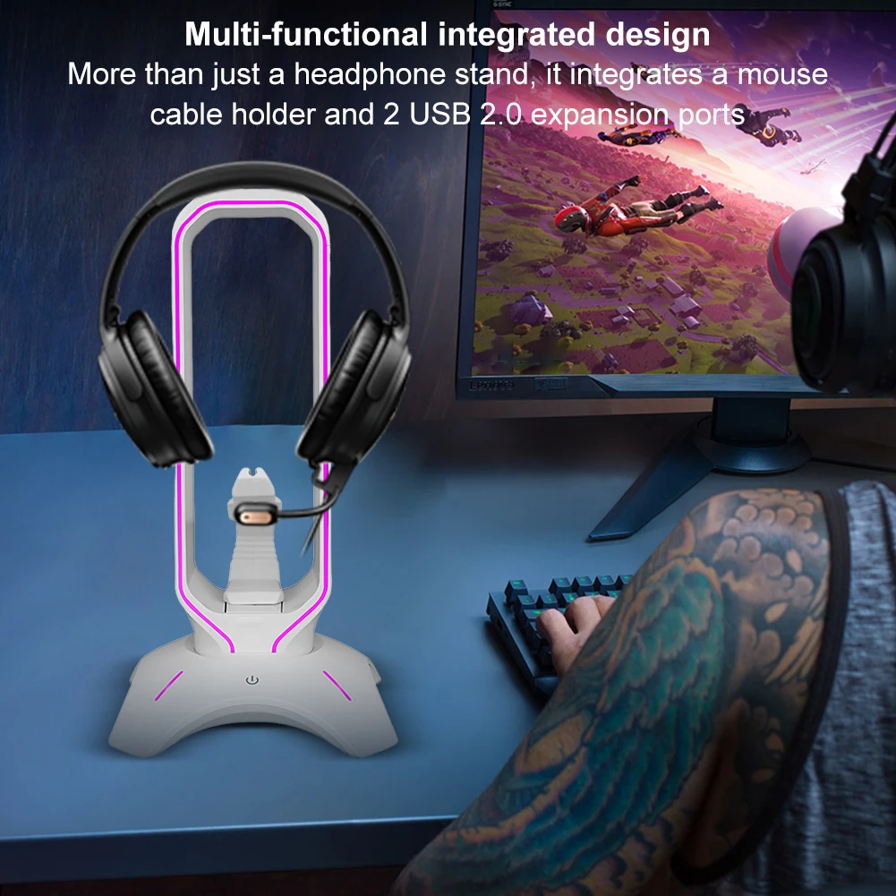 RGB Gaming Headphone Stand with Mouse Bungee Cord Holder Over-Ear Headset Holder Headphone Shelf Gaming Accessories