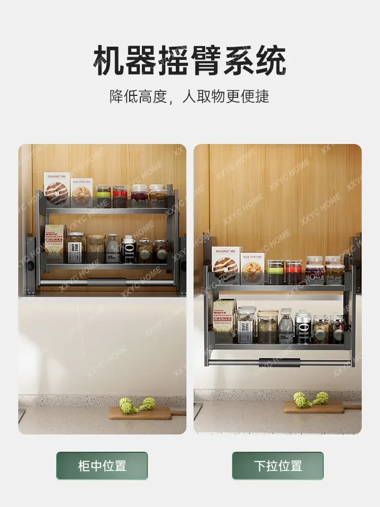 Kitchen Wall Cupboard Lifting Pull-out Basket Cabinet Drop-down Type up and down Buffer Open Door Telescopic Storage Rack