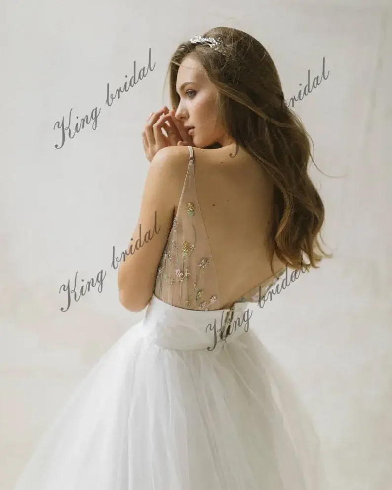 ที่กําหนดเองทําT Ulleชุดเจ้าสาวปักชุดแต่งงานโบฮีเมียนเจ้าสาวแยกสองชิ้นชุดแต่งงานชุดแต่งงานที่เรียบง่าย