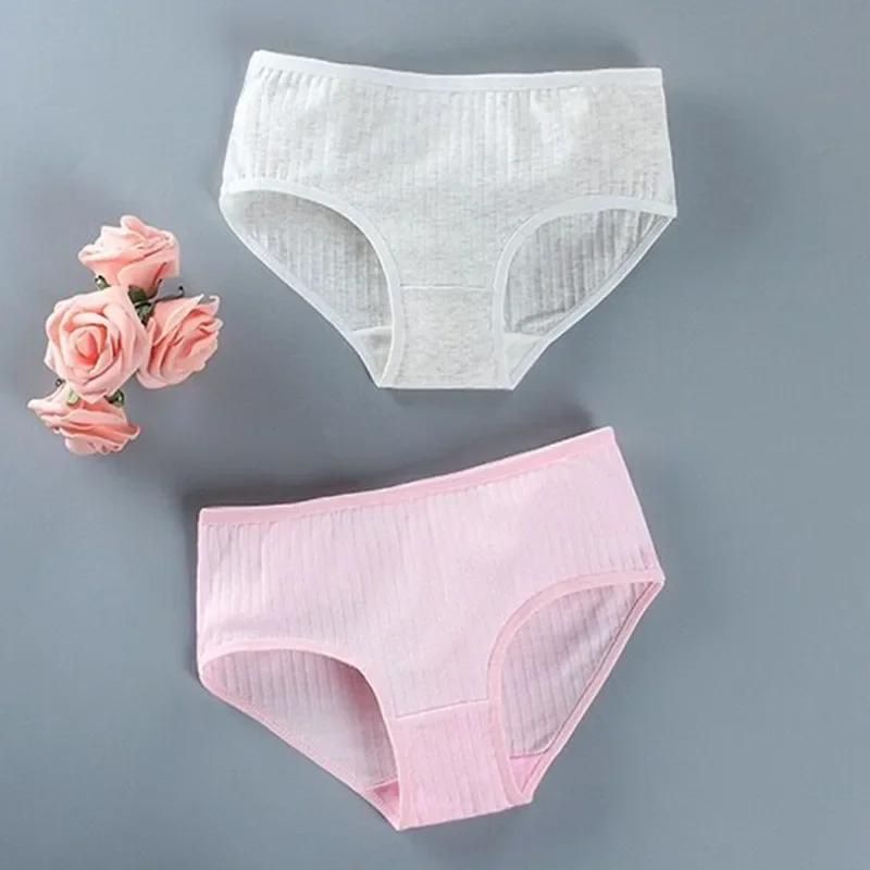 Teen Kids Girls Underwear Breathable Soft Cotton Panties Summer Thin Ribbed Solid Color Brief Intimate Hipster Underpant