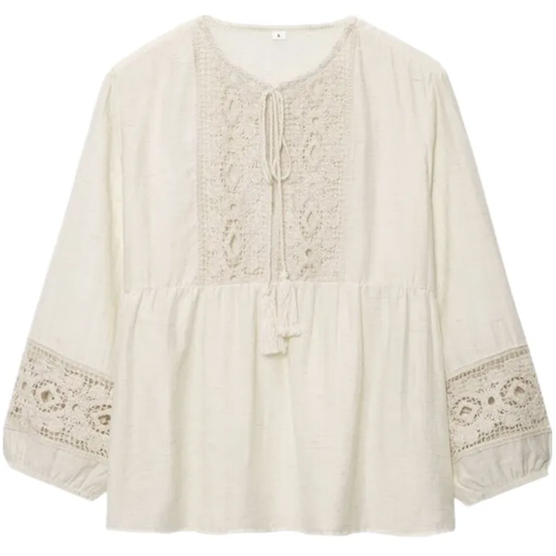 

Summer 2025 New Arrival Women's Long Sve V-Ne Woven Patchwork irt Vaion Sle Commute Loose Fit Color