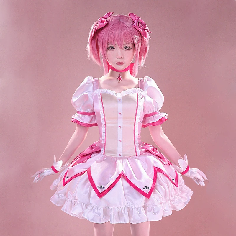 Magica Kaname Madoka Cosplay jednolity kostium różowa sukienka z naszyjnikiem przebranie na karnawał akcesoria rekwizyty na imprezę Halloween