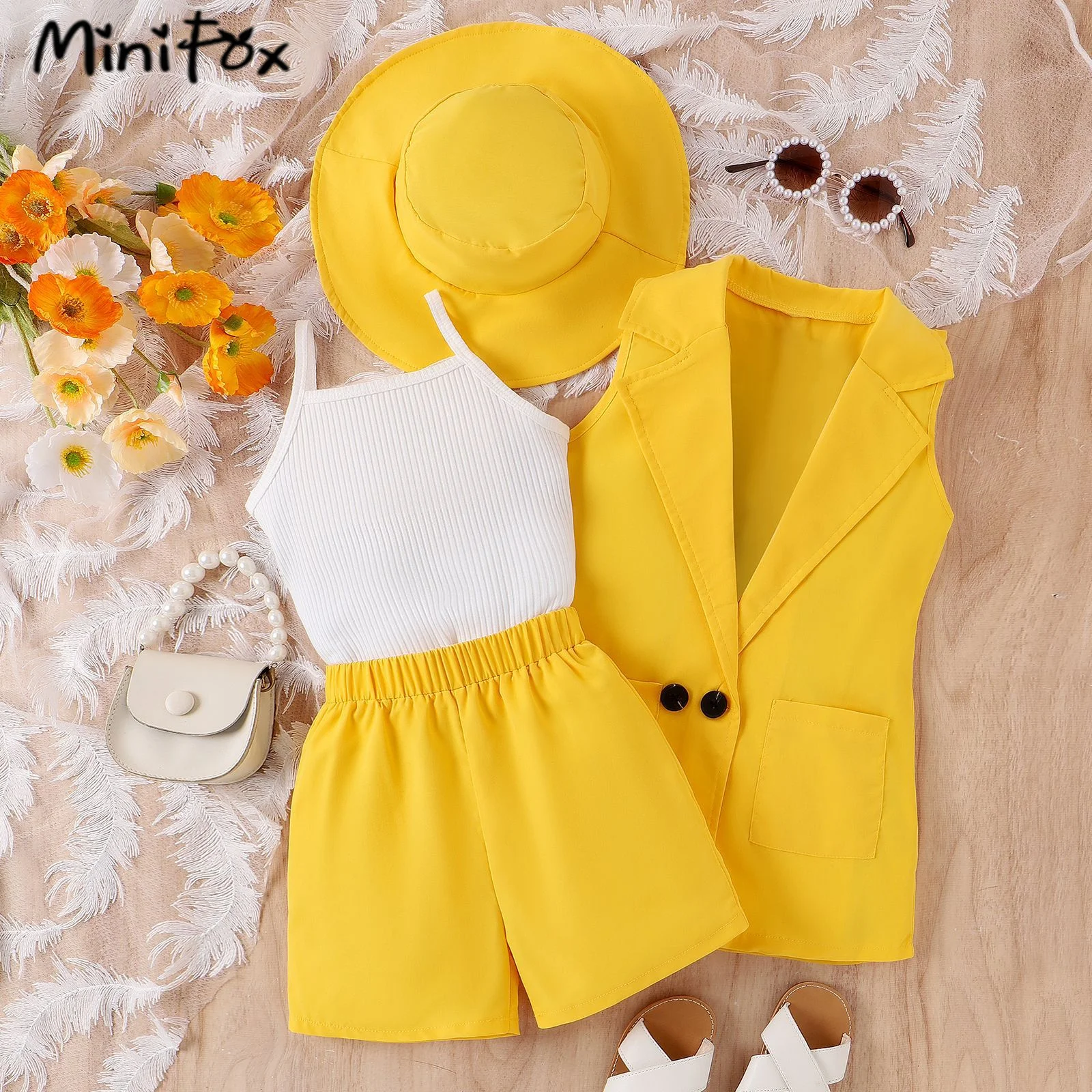 MiniFox 4pcs Summer Luxury Suit For Girls Kids Blazer Coat+Camisole+Shorts+Hats Elegants Sets Children Girls Blazer Outfits