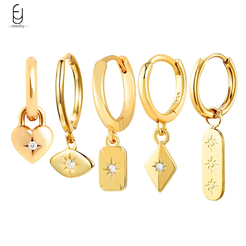 

925 Sterling Silver Needle Eight-Pointed Star Geometry Hoop Earrings for Women Retro Square/Heart Pendant Earrings Fine Jewelry