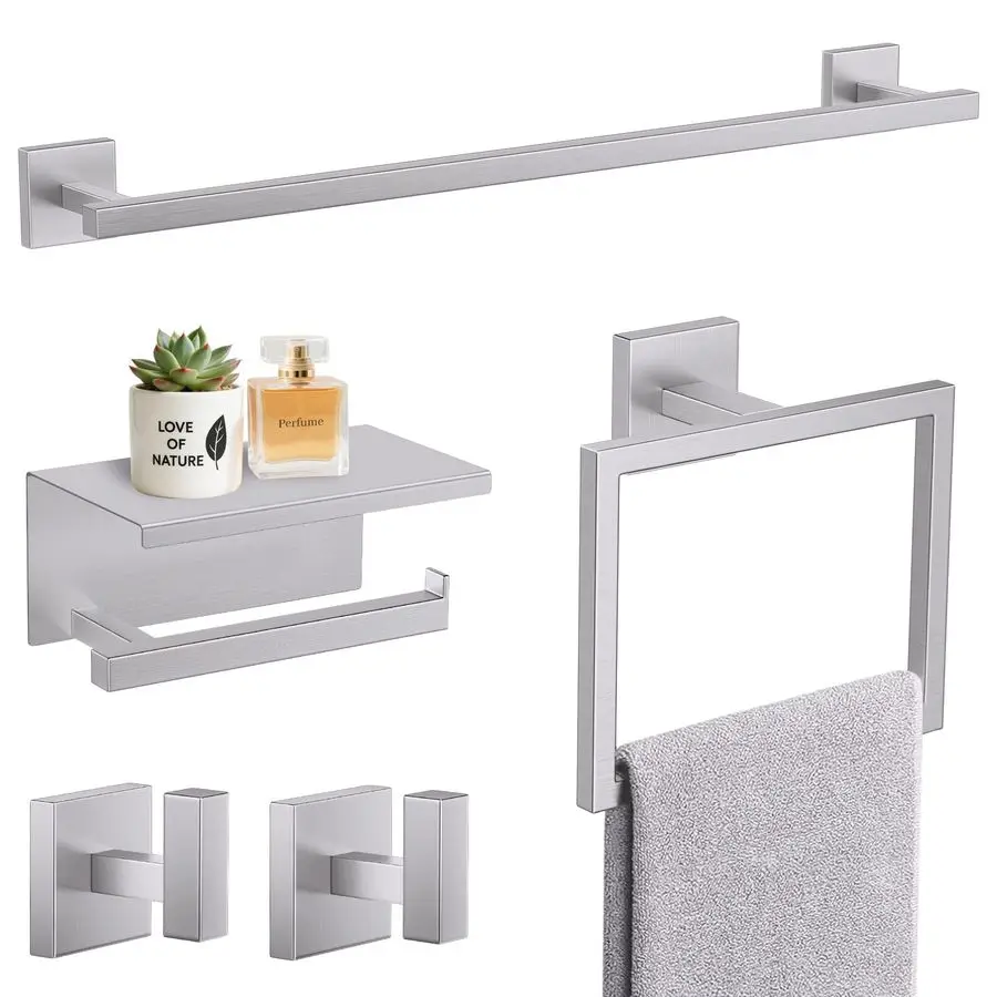 

5Pieces Brushed Nickel Bathroom Hardware Accessories Set 23.6 Towel Bar Set Wall Mounted Square Toilet Paper Holder with Shelf