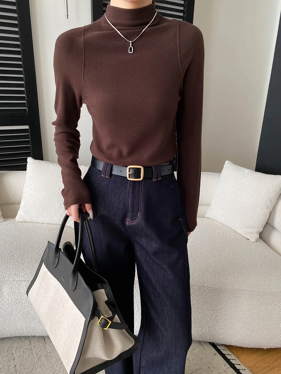 

Женская однотонная универсальная утягивающая бархатная футболка с длинными рукавами и полувысоким воротником повседневного дизайна