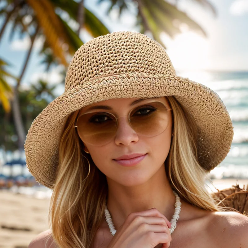 Fashion Crochet Womens Seaside Foldable Straw Weave Sun Straw Hat Wide Brim Real Straw Floppy Trilby Bow Summer Beach Sun Hat