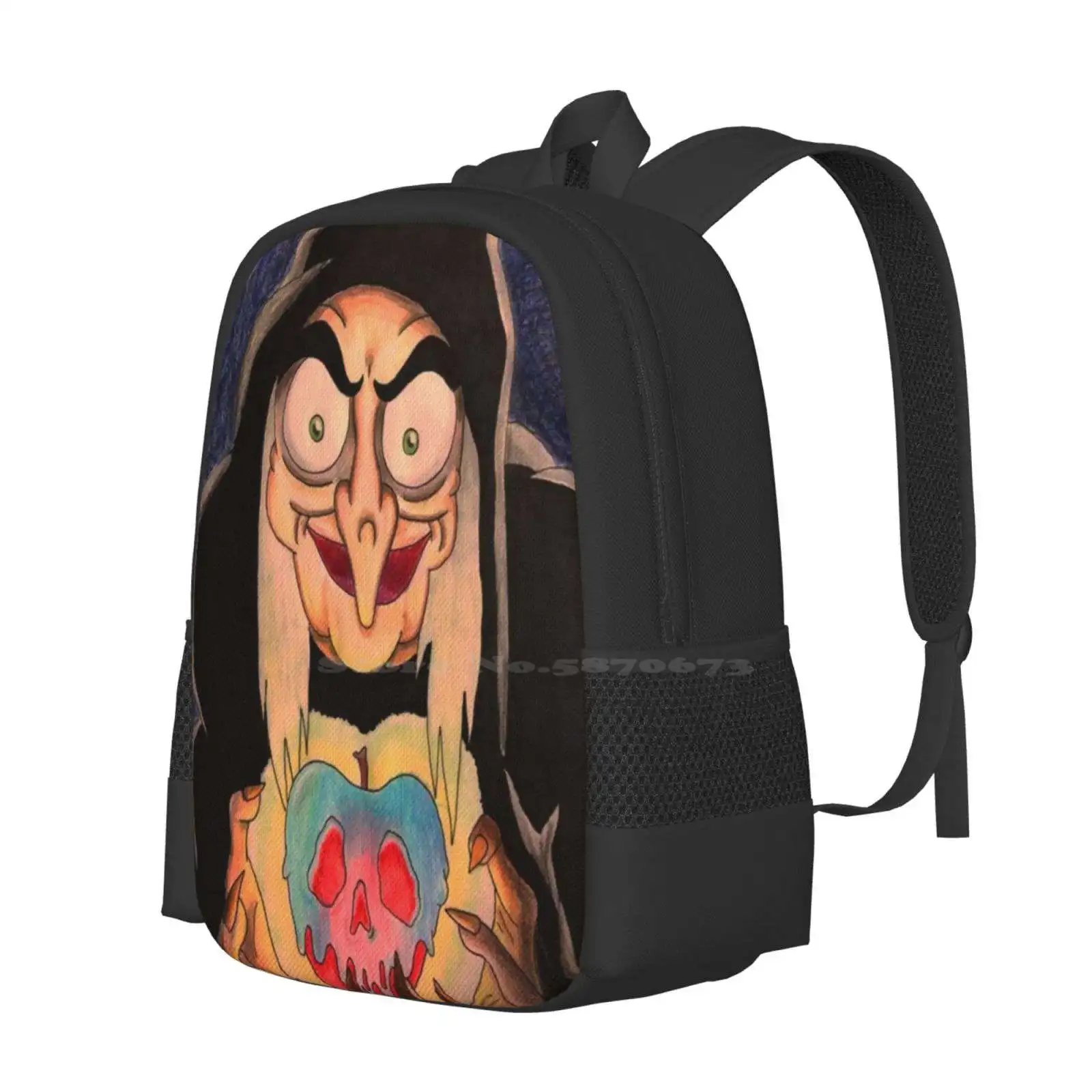 Mochila escolar com grande capacidade, mochila para laptop, rainha má, veneno do Dia das Bruxas, maçã, bruxa, bruxas, crânio, branca de neve, mochila